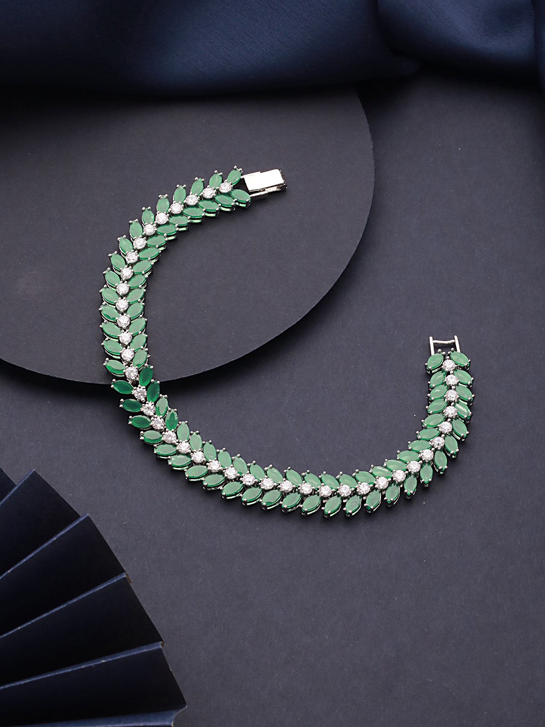 Silver Plated Emerald Green Designer Luxe Wraparound Tennis Bracelet